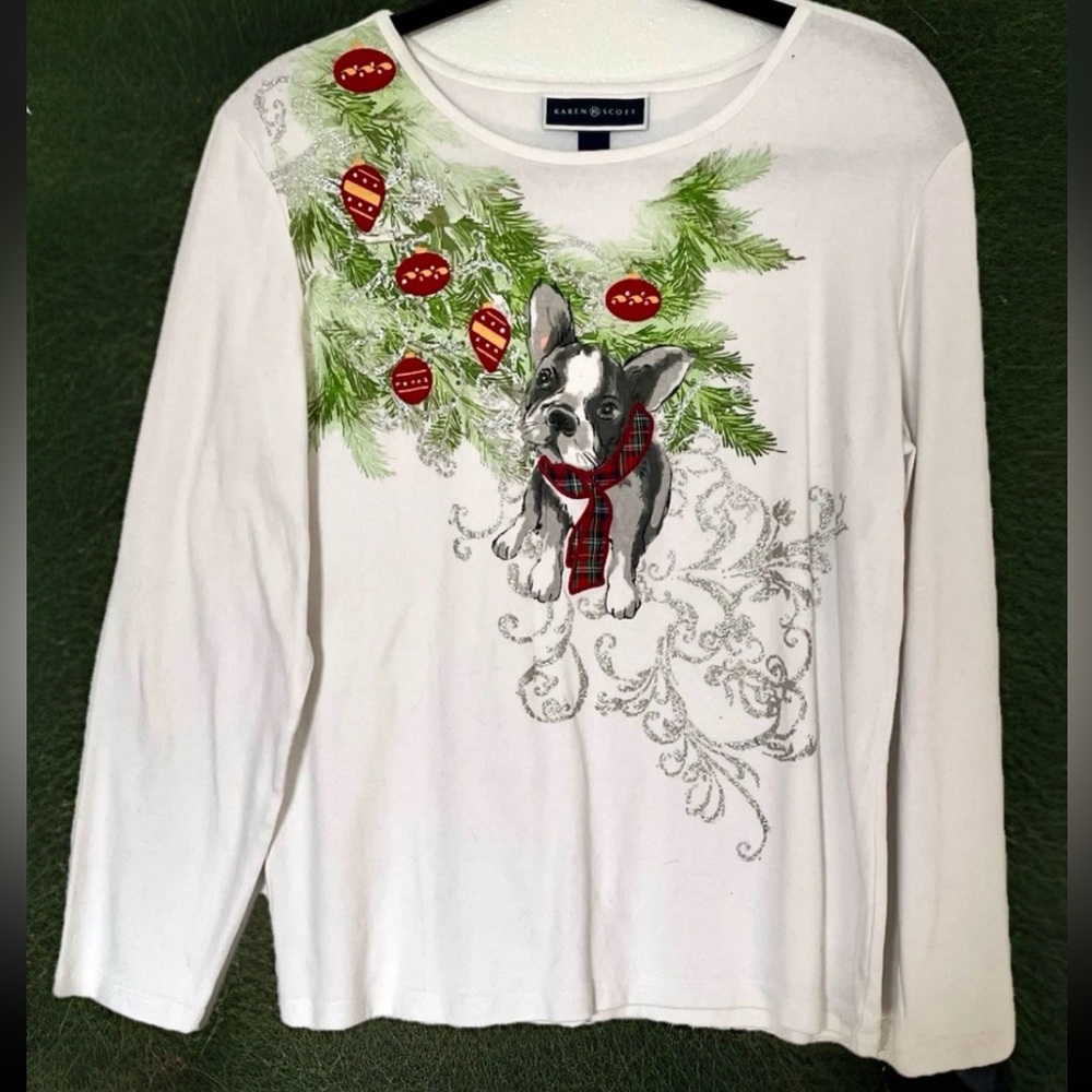 Karen Scott Festive Frenchie French Bull Dog Christmas Holiday Top Large Shirt